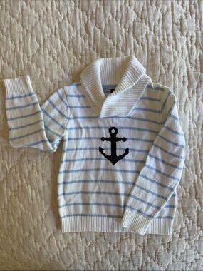 Janie & Jack White & Light Blue Striped Collar Sweater with Nautical Anchor